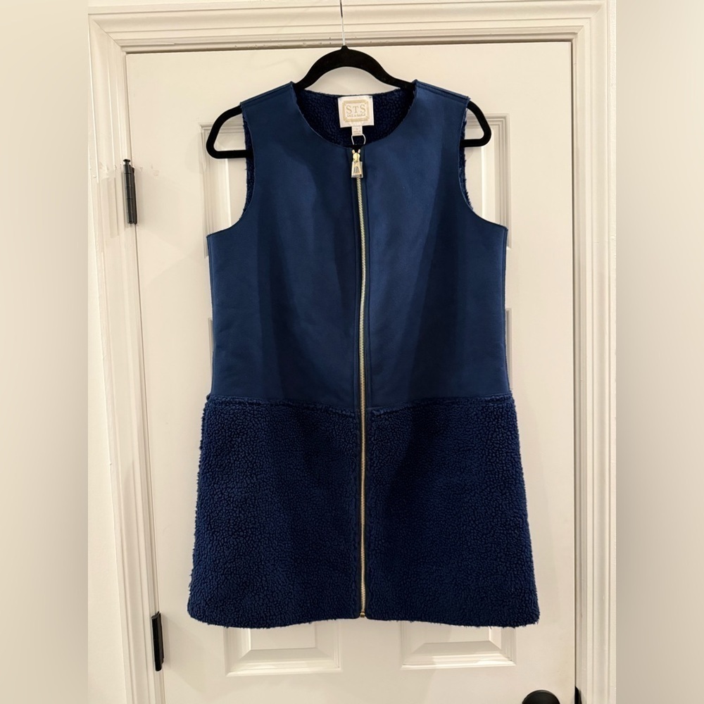 NWT Sail to Sable Sherpa + Faux Suede Longline Vest Navy Blue Womens Size Small